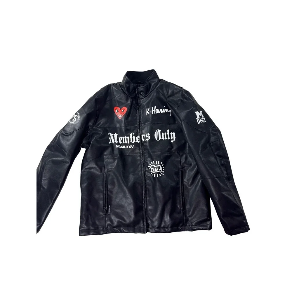 Members Only x Keith Haring Faux Leather Jacket Black Pop Art Graphic Mens XL
